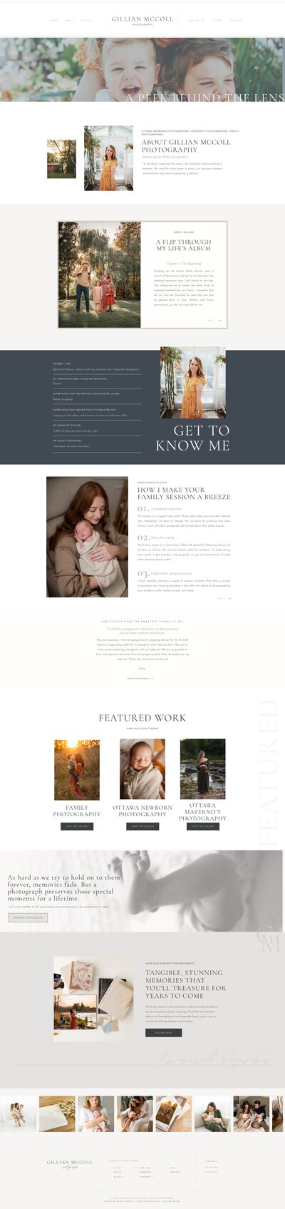 Screenshot of a website showcasing photography services, featuring images of couples and families, with sections for featured work, services, a blog, and contact information. The site also highlights Showit template customization options tailored for photographers.