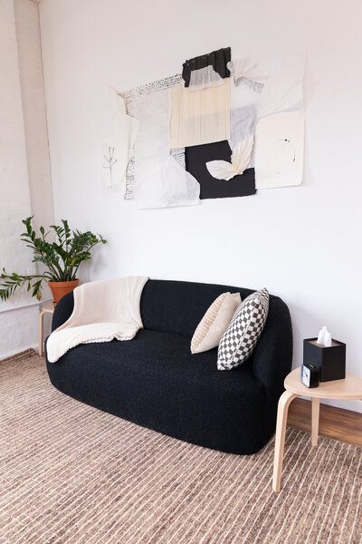 A couch with pillows, two end tables with tissues and a plant and a piece of artwork hung on the wall