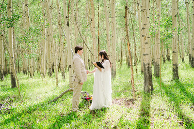 A couple exchanges vows in an aspen grove near Twin Lakes, Colorado