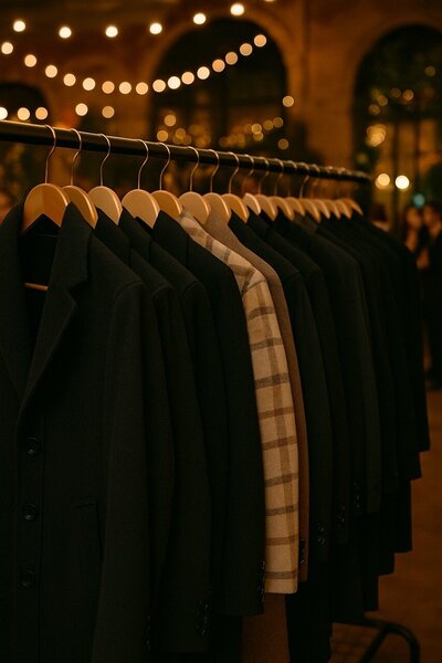 Neatly organized coats hanging on a rack at an event, showcasing the professional coat check service provided by Hang Haus.