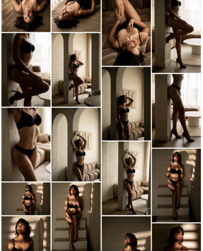 Collage met meerdere boudoir foto’s uit de portfolio van Juliette Fotografie, een intieme en stijlvolle weergave van vrouwelijkheid en zelfvertrouwen.