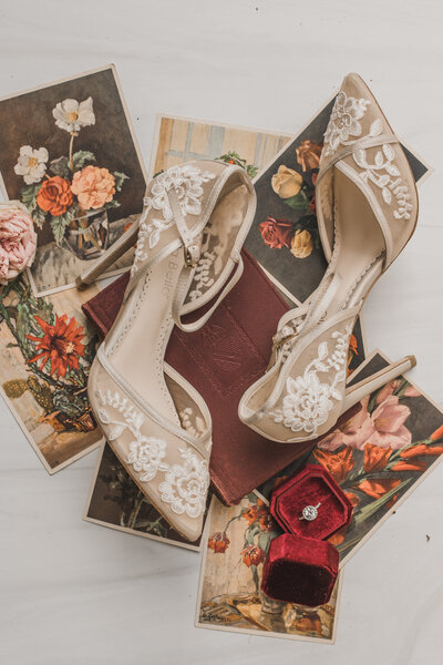Wedding Photographer & Elopement Photographer, bride's shoes, ring, and invitations