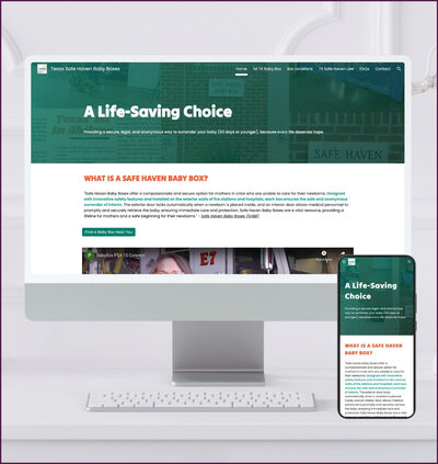 Mockup of a nonprofit website with green accents and informational layout for Texas Safe Haven Baby Boxes, shown on desktop and mobile devices