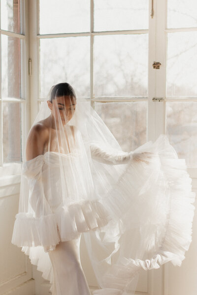 photo of bride wearing her wedding dress and veil while standing in fron of a window taken by Milwaukee wedding photographer