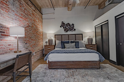 Bedroom in a 3-bedroom, 2-bathroom vacation rental condo in downtown Waco, TX