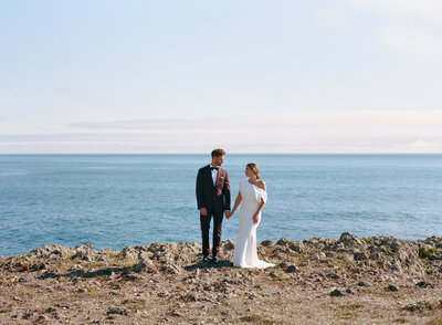 Bride and Groom standing on a cliff overlooking the Ocean in Sea Ranch, California.