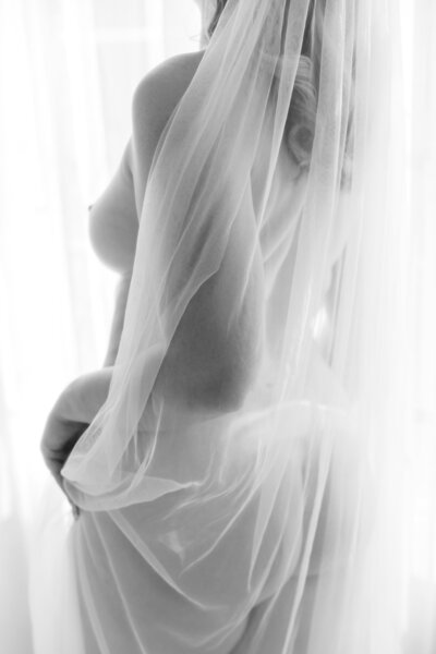 Fine art bridal boudoir photo with a sheer soft sheet