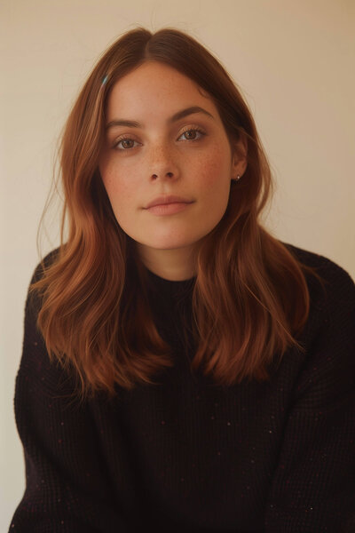 serene young woman with auburn hair, a black sweater and a soft smile