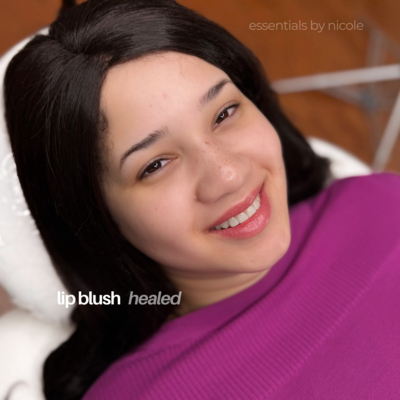 Healed lip blush on pale lips showing a soft pink wash of color