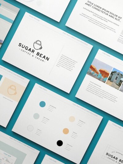 Flat lay of Sugar Bean Coffee & Cream brand book showing logo variations, color palette, font selections, and design system across clean, modern layouts.