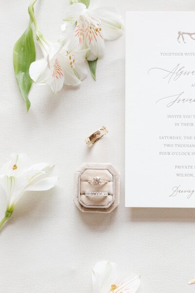 Wedding Flay with wedding rings and flowers