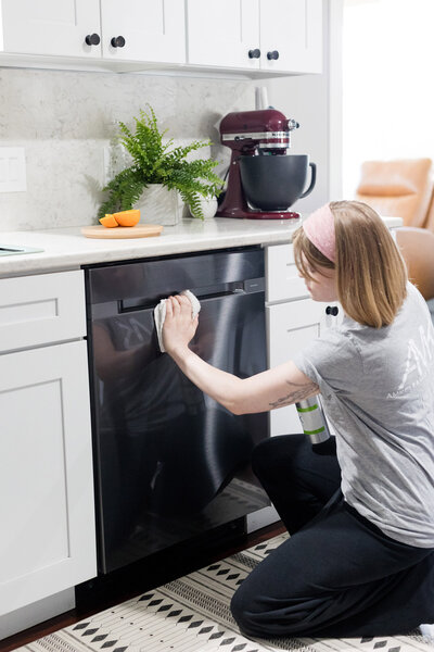 Professional cleaner wiping down dishwasher