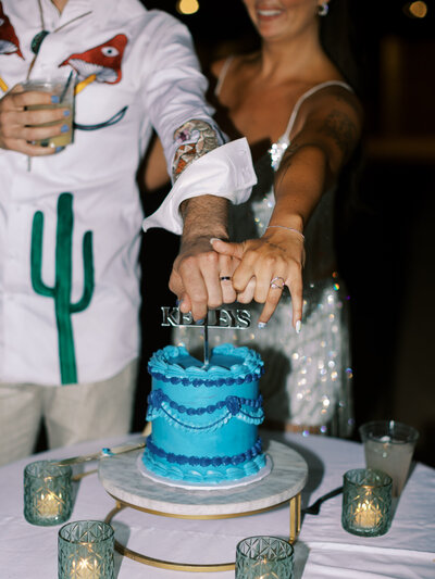 bride and groom holding hands over their vintage blue cake showing off their wedding rings