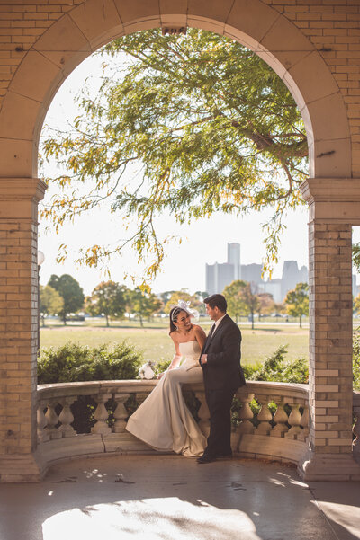 Romantic couple photo at an outdoor wedding venue in Michigan