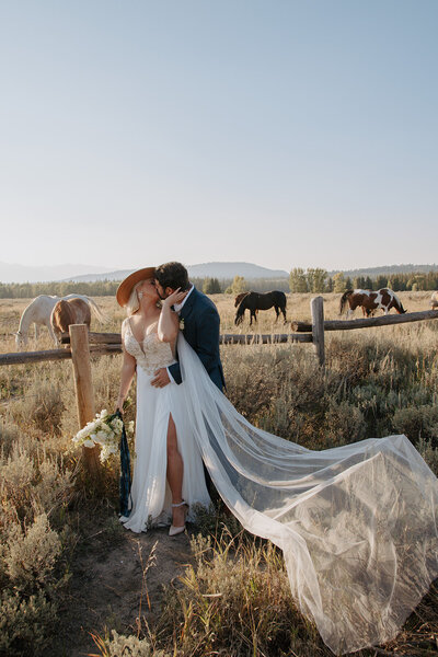 Wedding picture of couple kissing after their wedding with horses  behind them in Wyoming