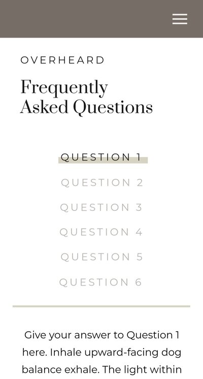 Screen shot showing a table-style FAQ menu for Showit websites.