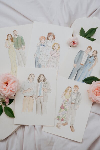 Watercolor illustrations of people in various outfits arranged with pink roses on a soft fabric.