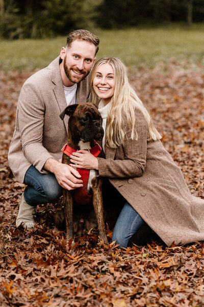 Engagement session in Auckland with a couple and their dog at Riverhead Forest