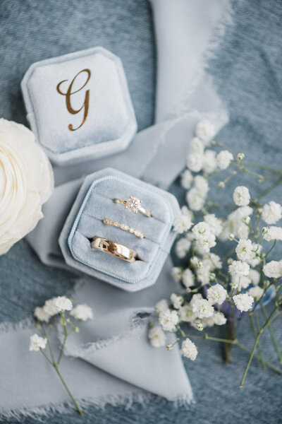 wedding details closeup shot of ring and flowers