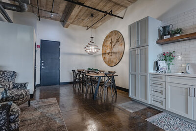 Dining room in a luxurious modern vacation rental condo in historic Behrens building in downtown Waco, TX