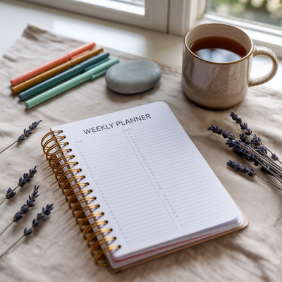 Flat lay of an open weekly planner with colorful pens and a ceramic mug of tea, styled in warm natural light.