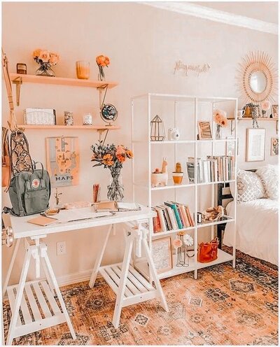 Bookshelf and modern living room with boho aesthetics