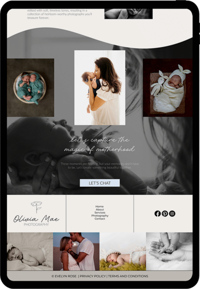 Showit site featuring soft typography and elegant layout for baby photographer
