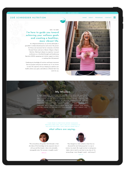 A screenshot of the newly redesigned Zoe Schroeder website displayed on an iPad, showcasing the modern, user-friendly layout and improved functionality after the redesign by Unica Formo.