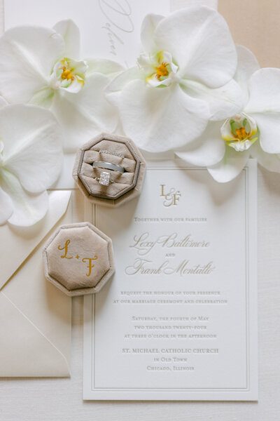 Wedding stationery with ring box flatlay and white orchids on flatlay