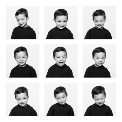 9 images of boy making funny faces in a grid layout in a frame