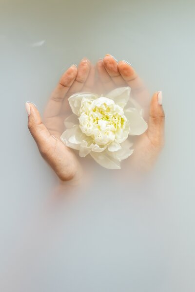 Self care for moms image of hands in milk bath holding lotus flower