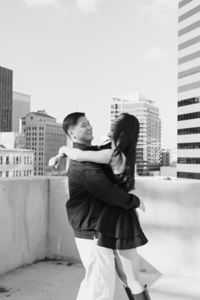 black and white city engagement portrait by Southern California wedding photographer