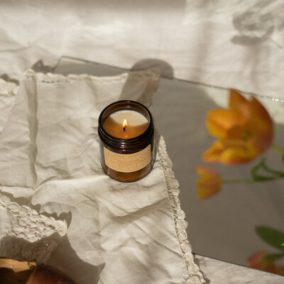 Barcelona travel themed candle with wood wick and natural soy in a reusable container