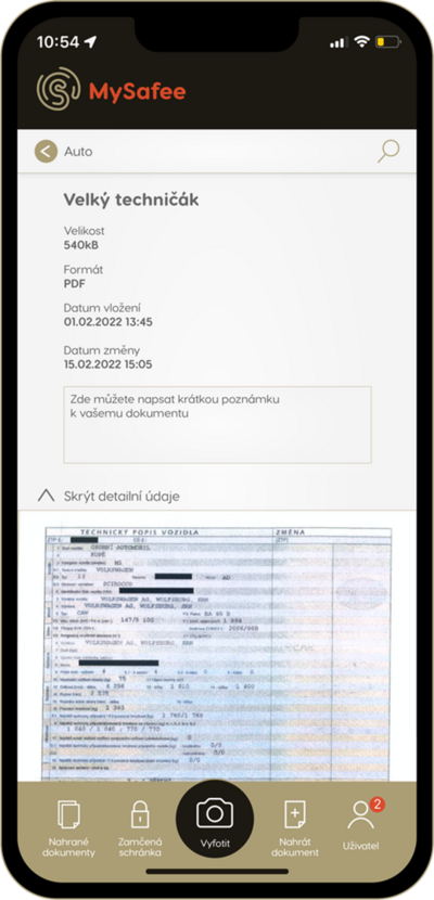 detail dokumentu mobilní aplikace mysafee