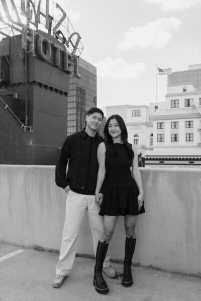 black and white city engagement portrait by Southern California wedding photographer