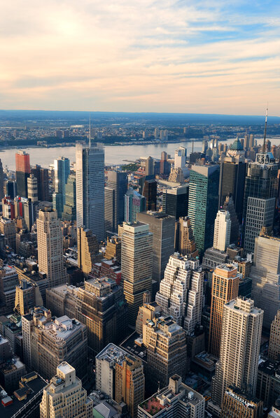 Aerial view of the New York City skyline with skyscrapers and cityscape