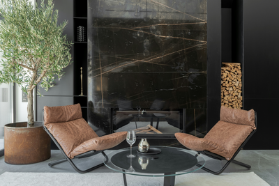 outdoor seating area with large potted olive tree at luxury home