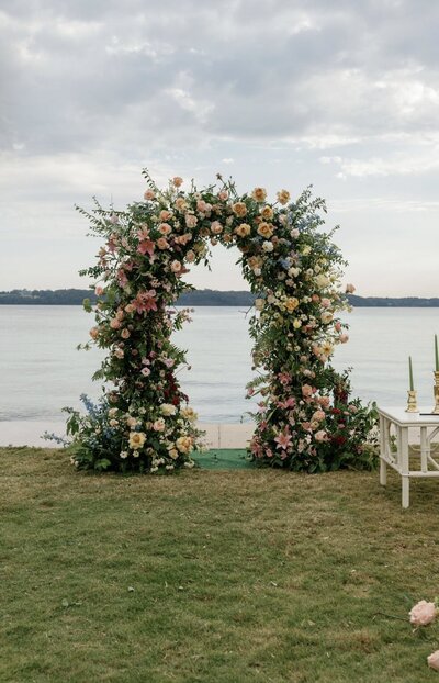 Lush wedding ceremony arch for a wedding in Huntsville, Alabama. 