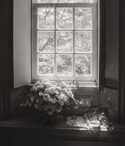 detail photo of wedding flowers sitting in the window