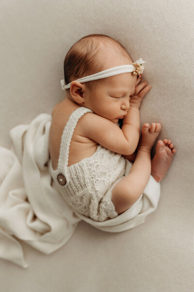 A newborn baby sleeps in fetal position on a bed of cozy blankets for her newborn photo session with Vancouver Washington Photographer