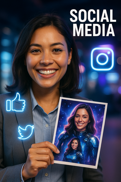 Close-up shot of a smiling guest holding a printed AI-transformed photo in one hand while neon social media icons and branded hashtags hover in the air around them, styled like a glossy magazine cover.