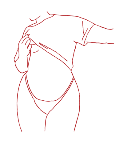A red drawing outline of a curvy woman in a t shirt and underwear.