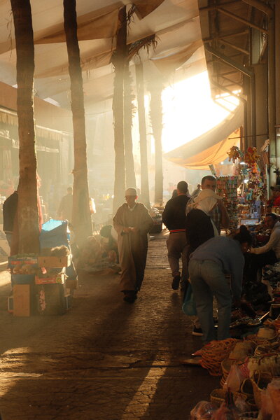 A man walks through a Moroccan souk, bathed in perfect golden light that filters through the lattice above, casting patterns on the vibrant market below.