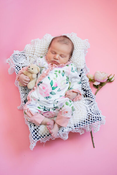 Baby holding bear stuffed animal | Taken by Photographer who photographs in places like Rangeley, Maine