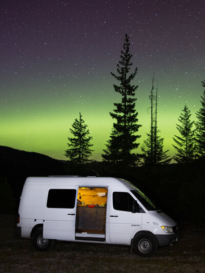 A sprinter van is parked amongst a grove of trees with the side door open and the northern light glowing green and purple behind it.