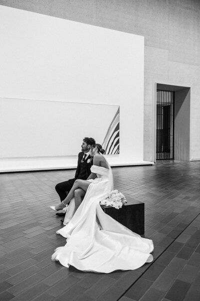 Bride and Groom black and white portrait indoors at the National Gallery of Australia NGA, Canberr