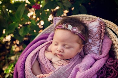 A peaceful baby girl peacefully sleeping in a cozy wicker basket, surrounded by soft blankets.
