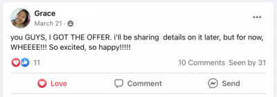 a screenshot of a text message Sho received from a client, Grace, that she got the job offer