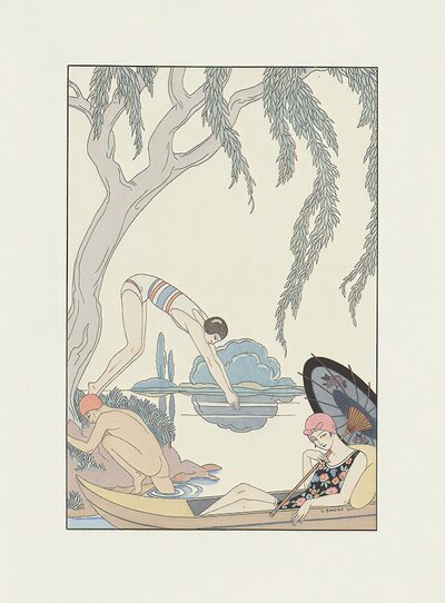 Early 1900 art nouveau  illustration of women sunbathing and swimming