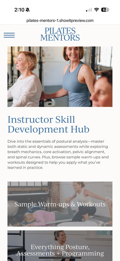 image of smartphone interface of the Pilates Mentors website 